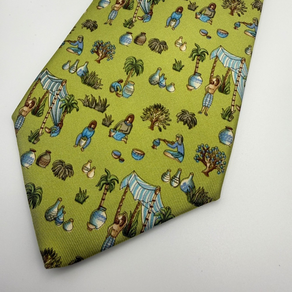 Salvatore Ferragamo‎ Tie Mens OS Green Desert Oasis Palm Tree Silk Italy Novelty - Picture 3 of 3